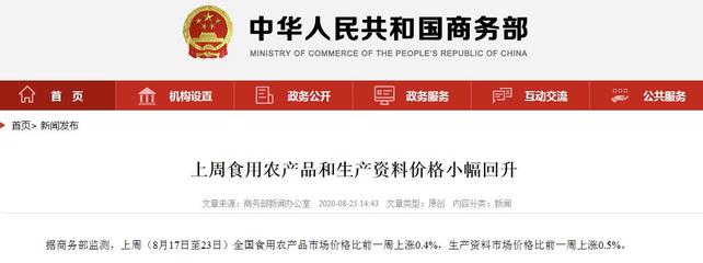 商務部數據 上周食用農產品價格小幅回升，豬肉批發(fā)價格下降0.5%